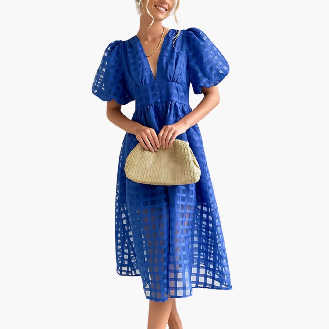 Midi Dress for Women with Checkered Pattern and Puff Sleeves