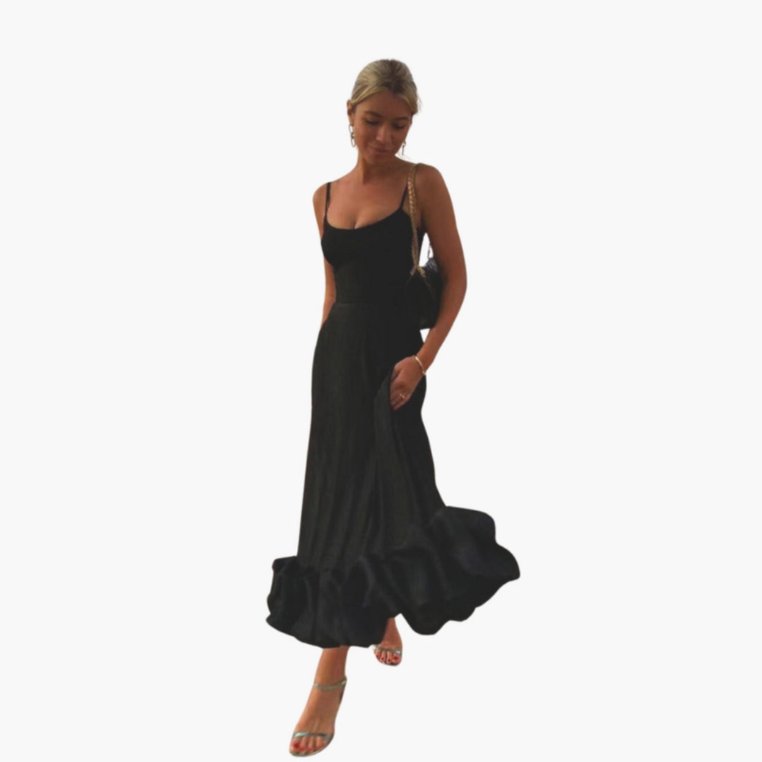 Vestito Midi Donna con Spalline Sottili e Orlo a Balze
