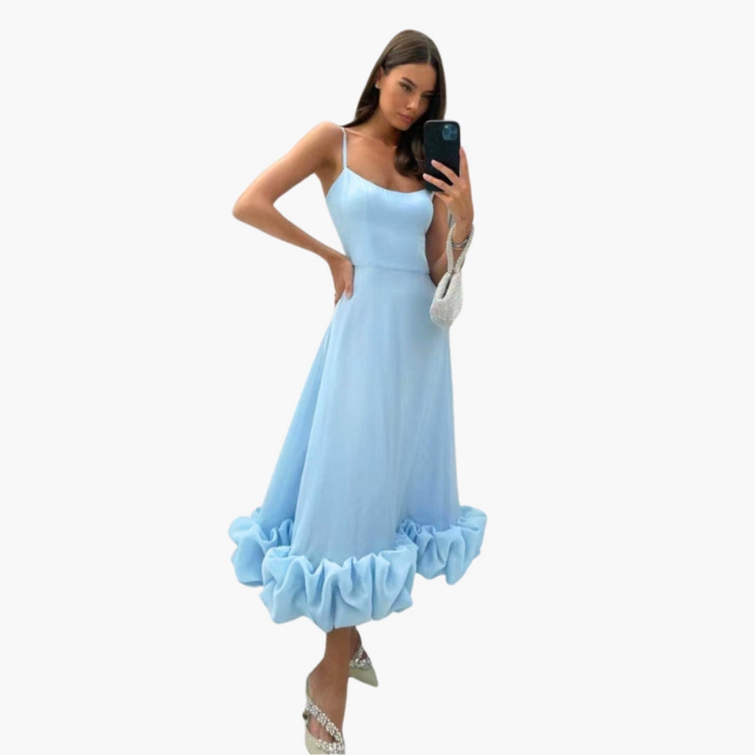 Vestito Midi Donna con Spalline Sottili e Orlo a Balze