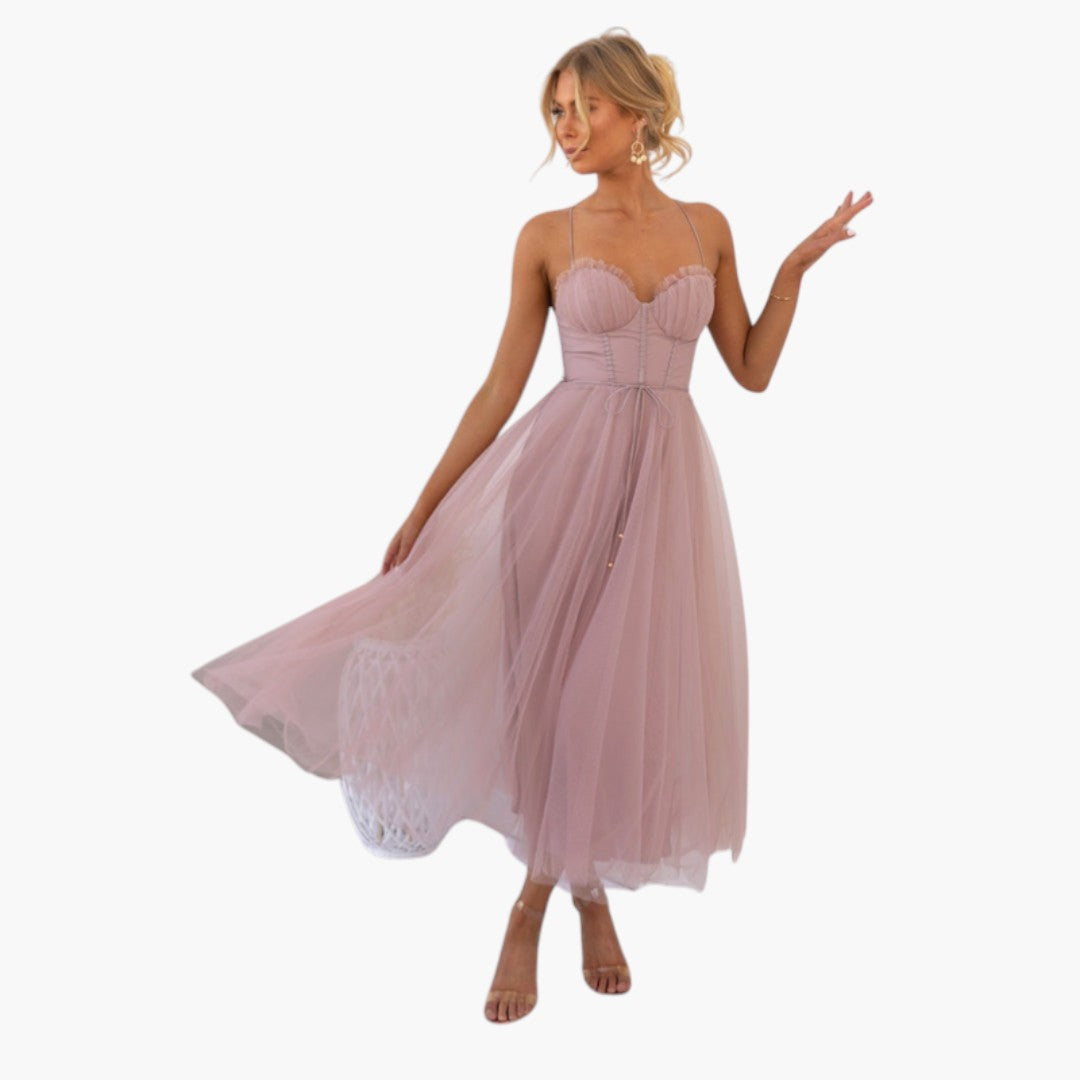 Abito midi donna con spalline sottili e gonna in tulle