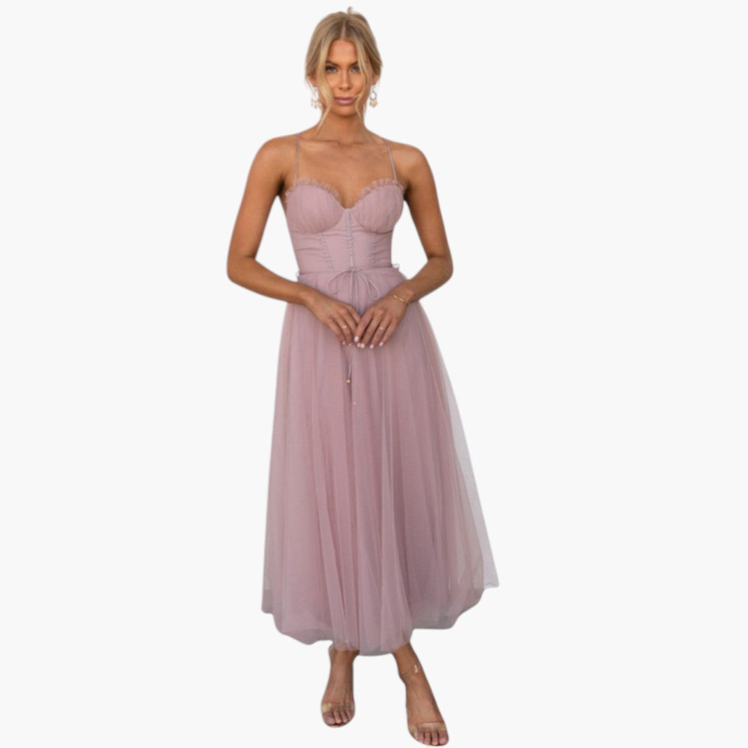 Abito midi donna con spalline sottili e gonna in tulle