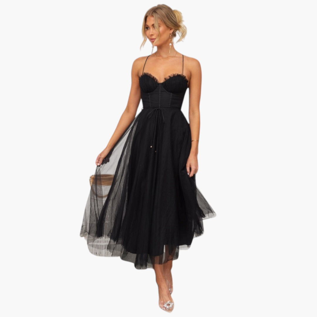 Abito midi donna con spalline sottili e gonna in tulle