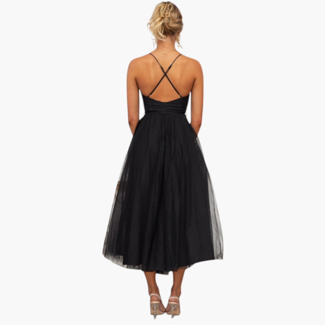 Abito midi donna con spalline sottili e gonna in tulle