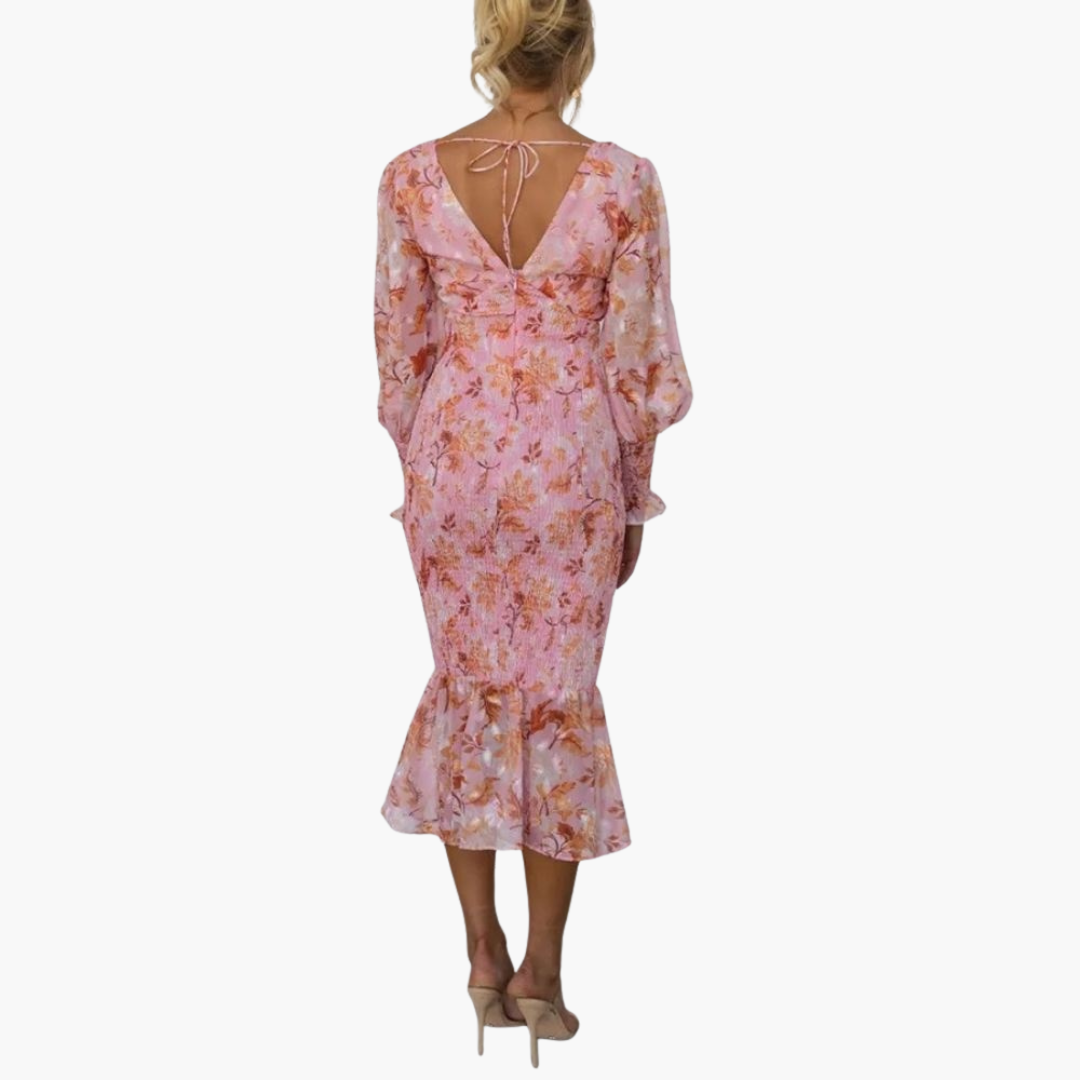 Abito Midi Donna a Motivo Floreale con Maniche a Sbuffo