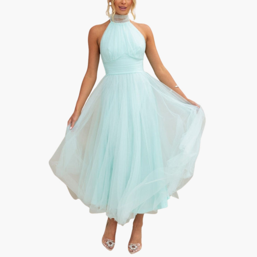 Robe Midi Femme avec Col Licou et Jupe Évasée