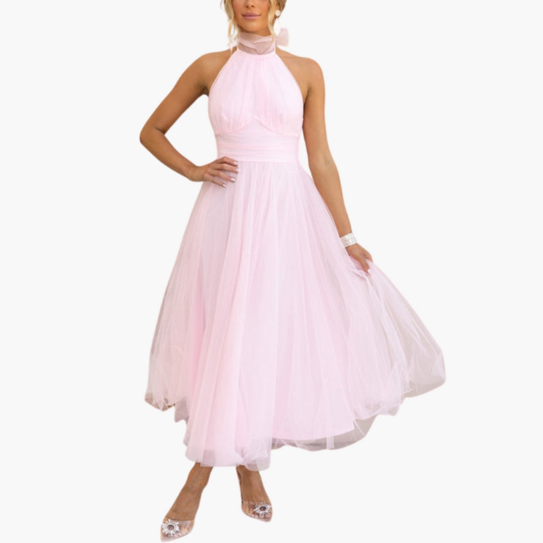 Robe Midi Femme avec Col Licou et Jupe Évasée