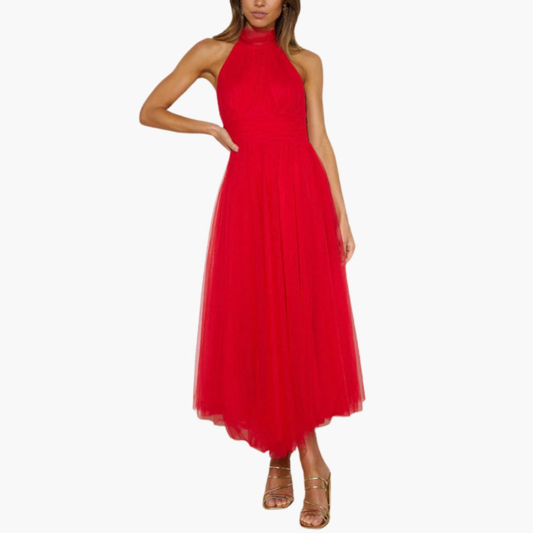Robe Midi Femme avec Col Licou et Jupe Évasée
