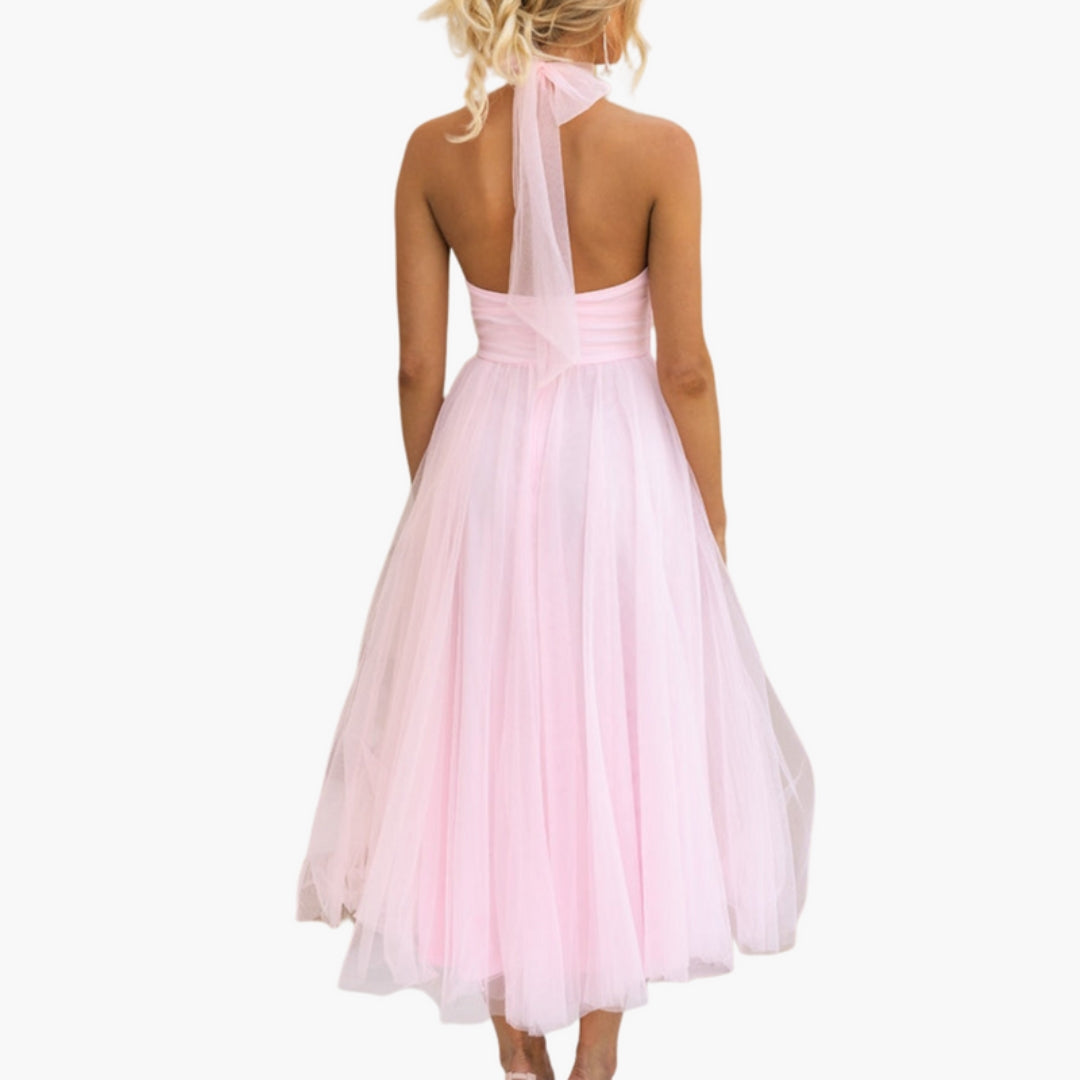 Robe Midi Femme avec Col Licou et Jupe Évasée