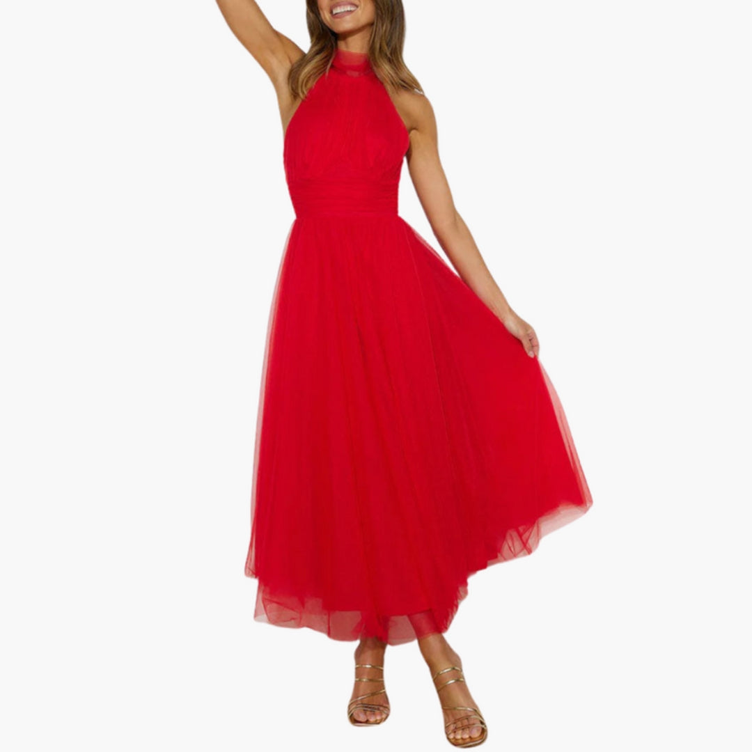 Robe Midi Femme avec Col Licou et Jupe Évasée
