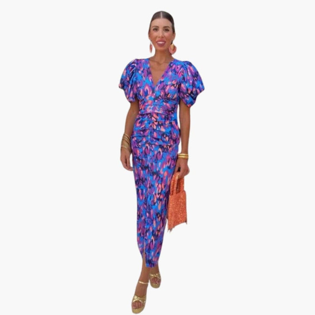 Midi-Kleid für Damen mit V-Ausschnitt und Puffärmeln
