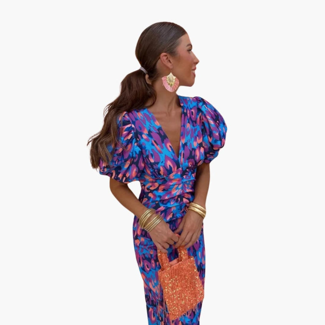 Robe Midi Femme avec Col en V et Manches Bouffantes