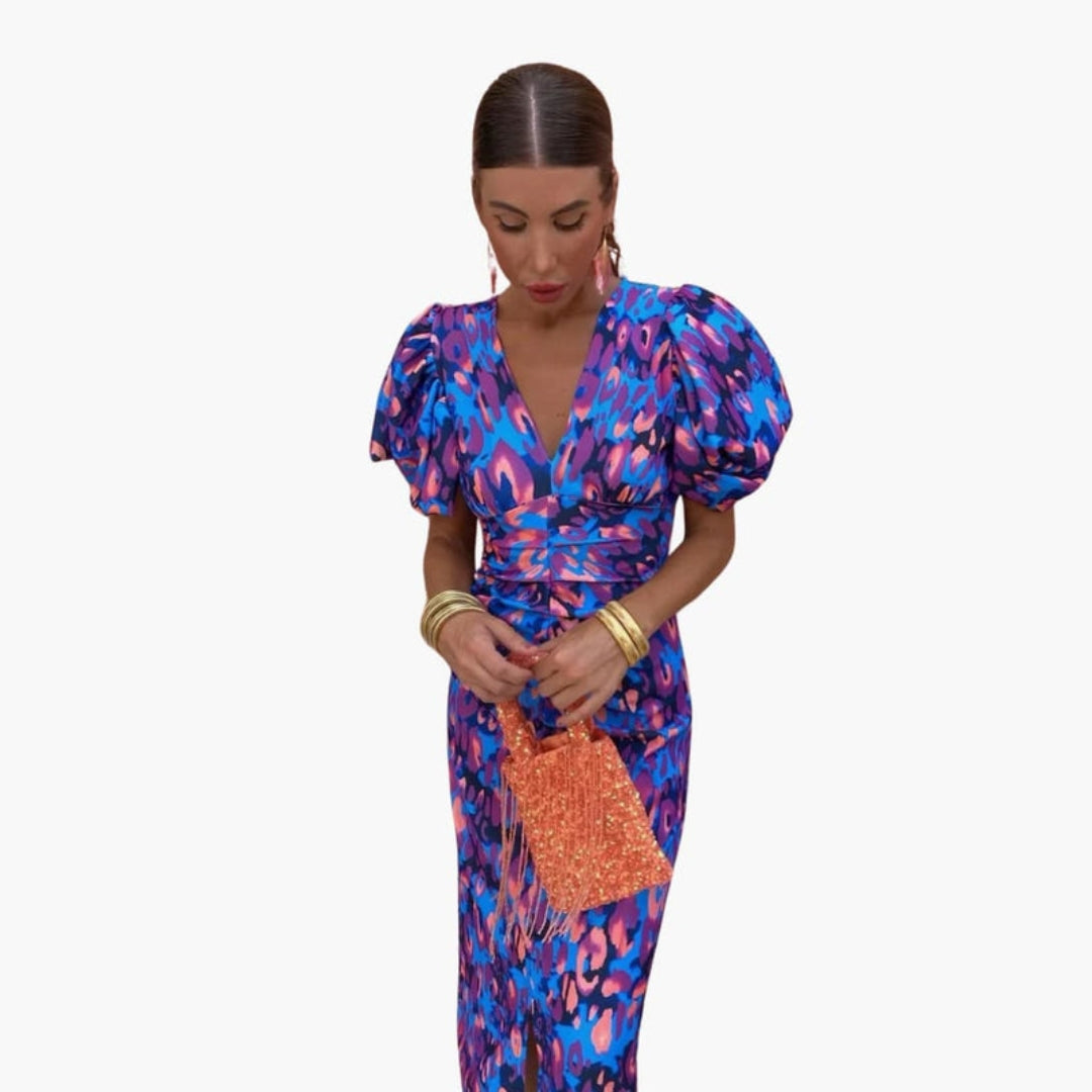 Midi-Kleid für Damen mit V-Ausschnitt und Puffärmeln