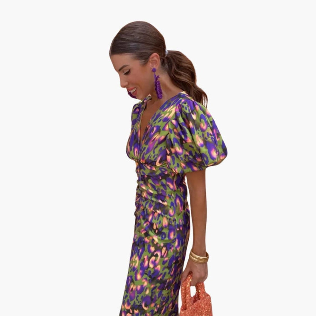 Robe Midi Femme avec Col en V et Manches Bouffantes