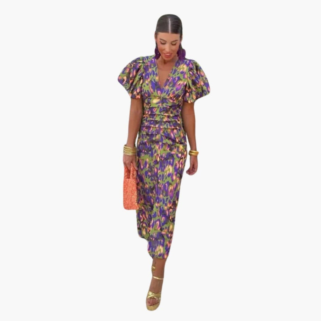 Robe Midi Femme avec Col en V et Manches Bouffantes