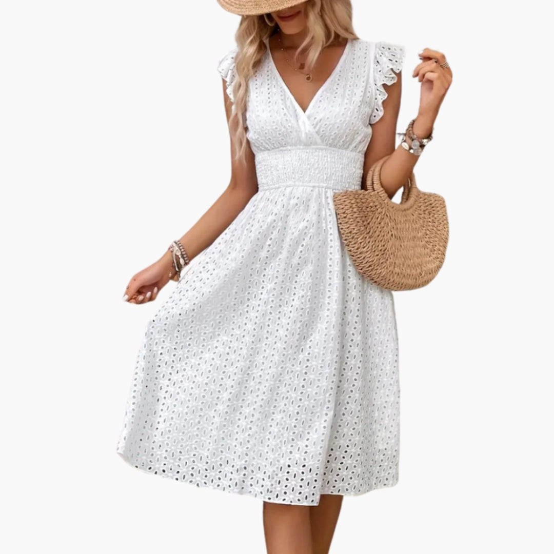Midi-Kleid für Damen mit V-Ausschnitt und Rüschärmeln
