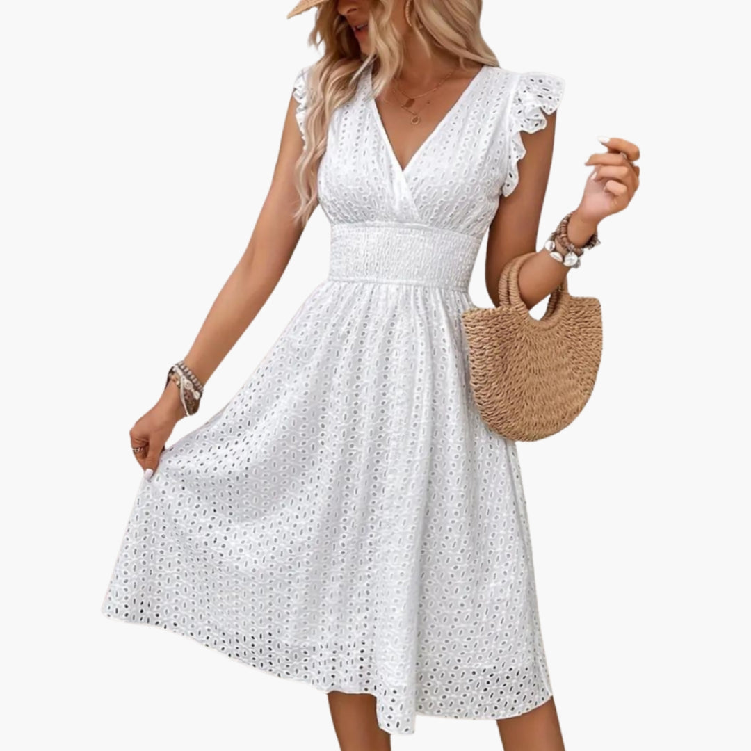 Midi-Kleid für Damen mit V-Ausschnitt und Rüschärmeln