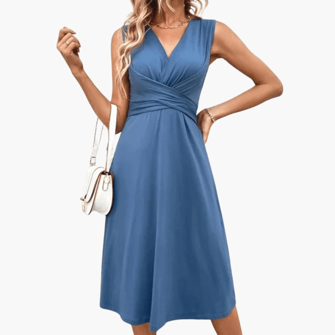 Abito Midi Donna con Scollo a V e Senza Maniche