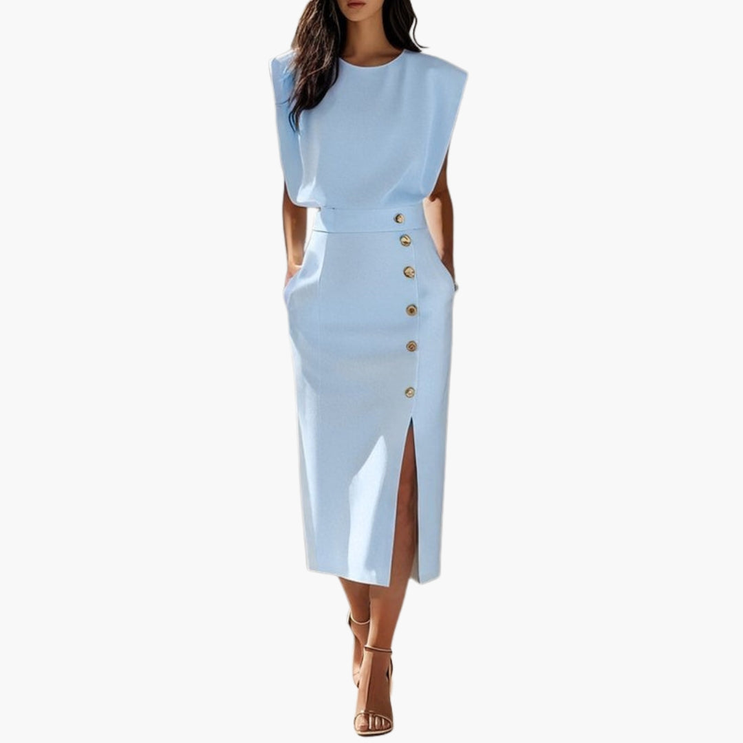 Vestido Midi Mujer con Detalle de Botones y Abertura Lateral