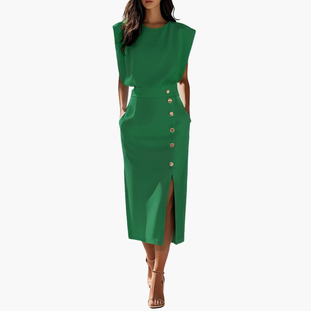 Vestido Midi Mujer con Detalle de Botones y Abertura Lateral