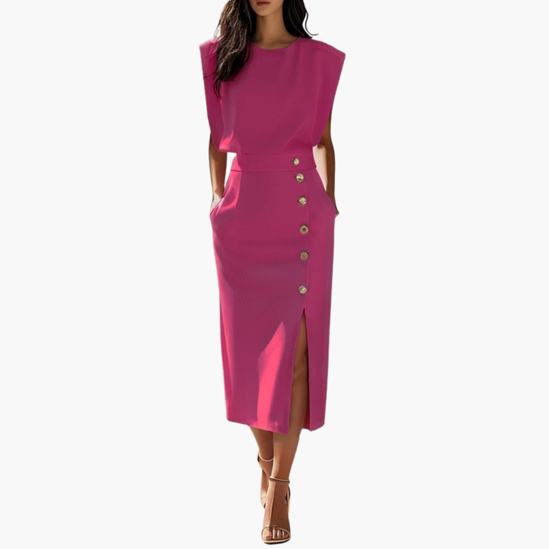 Vestido Midi Mujer con Detalle de Botones y Abertura Lateral