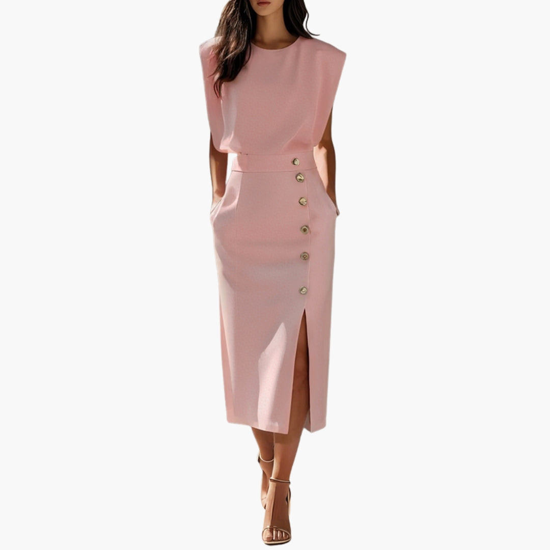 Vestido Midi Mujer con Detalle de Botones y Abertura Lateral