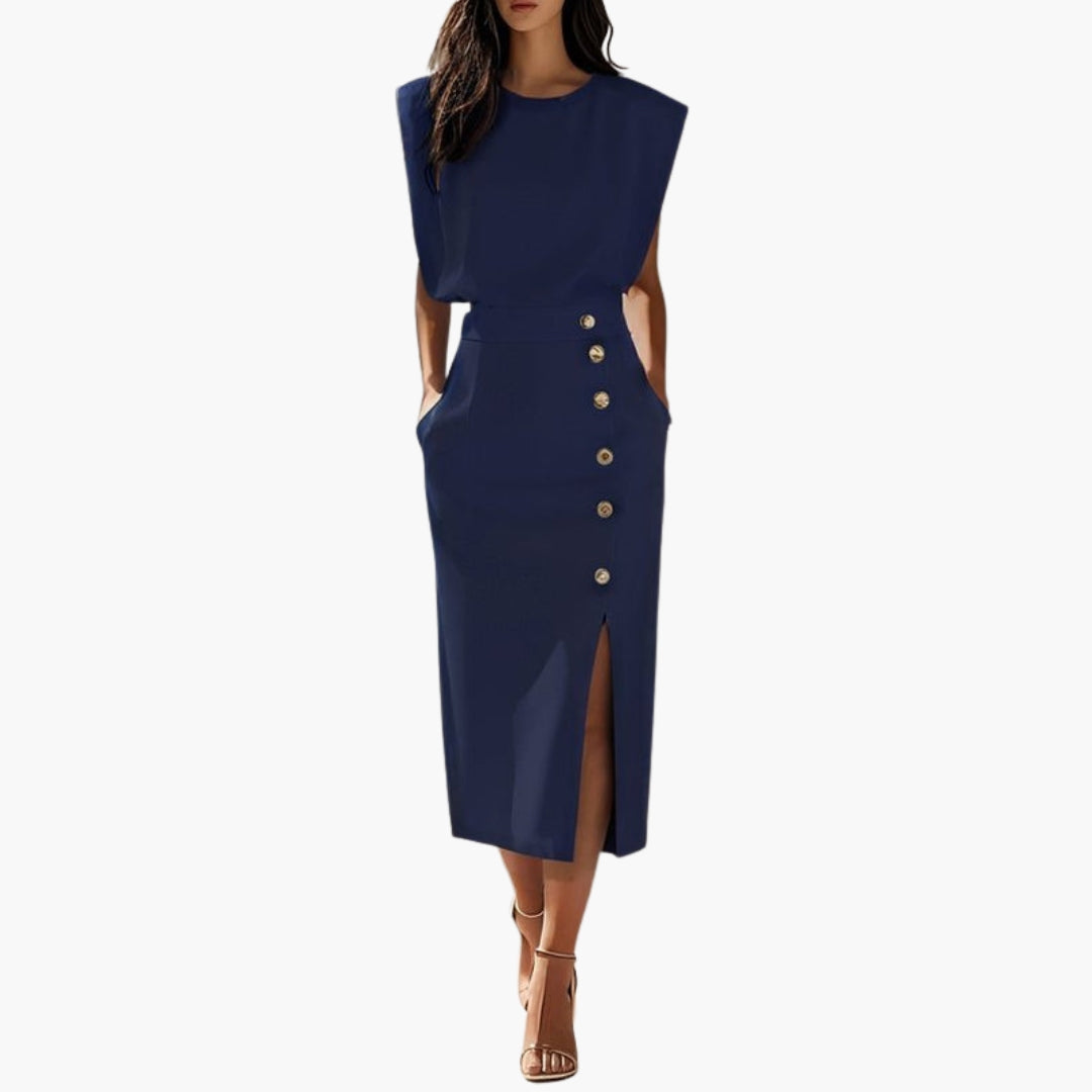 Vestido Midi Mujer con Detalle de Botones y Abertura Lateral