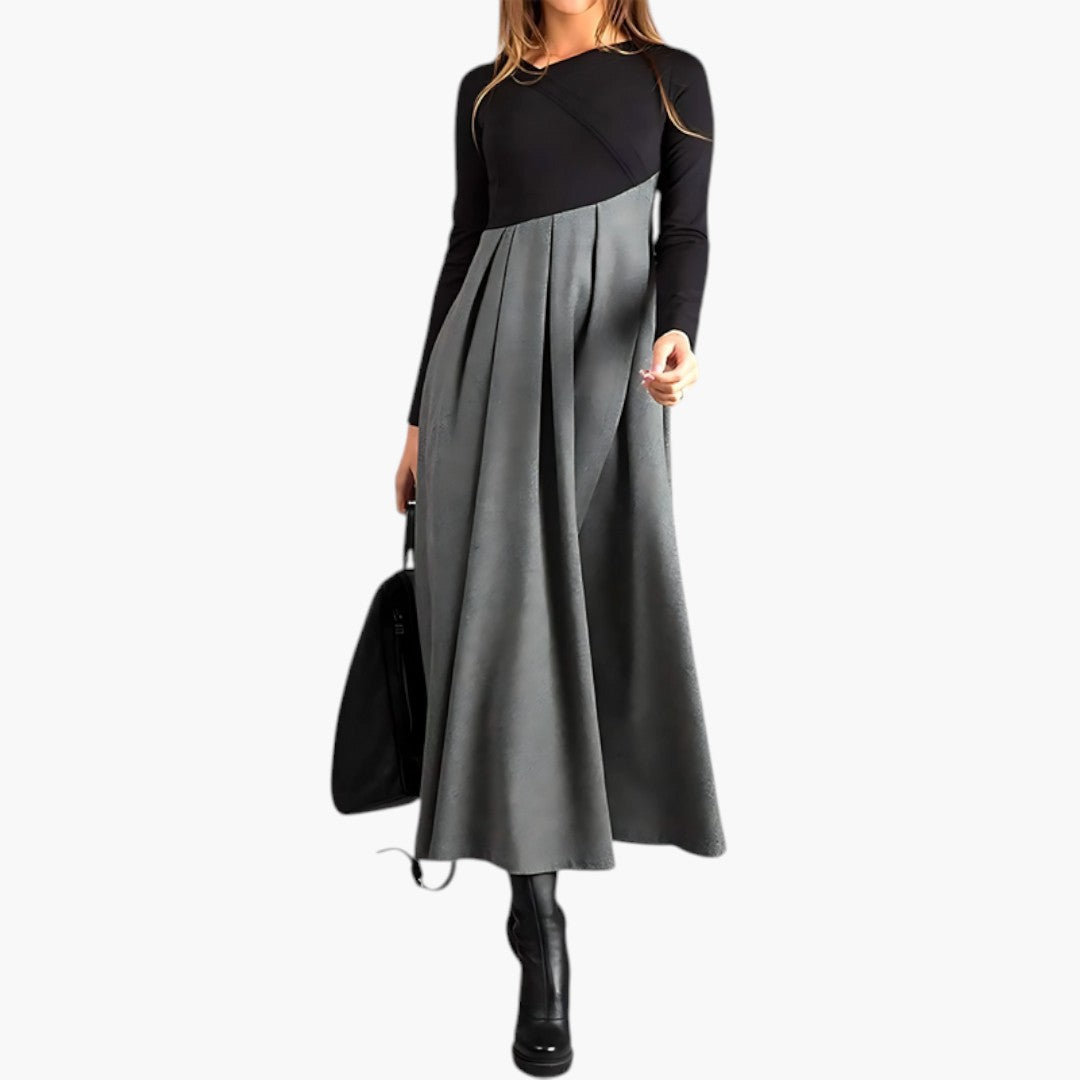 Women's Midi Dress with Structured Neckline and Pleated Skirt