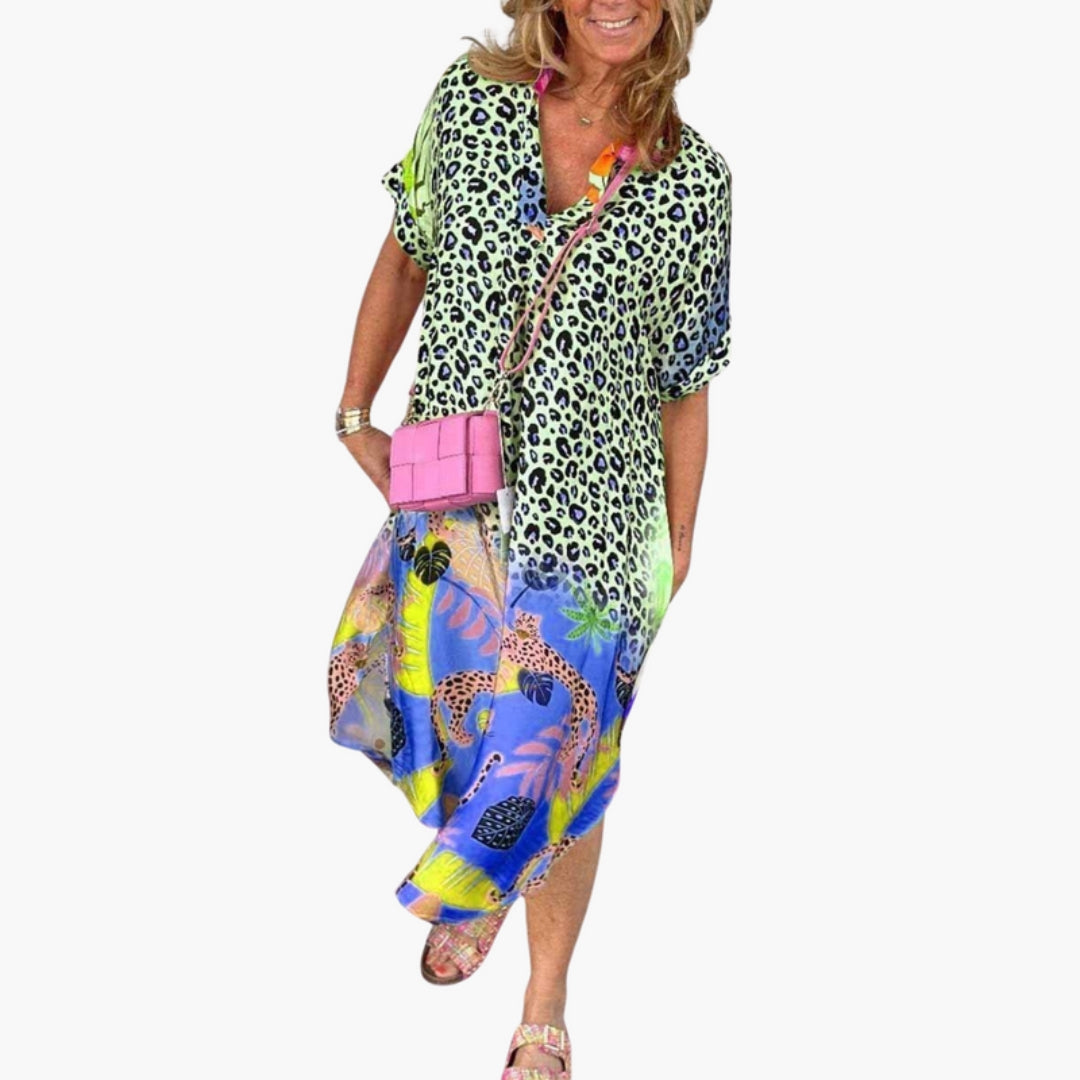 Midi-Kleid für Damen mit V-Ausschnitt und bedruckter Oberfläche