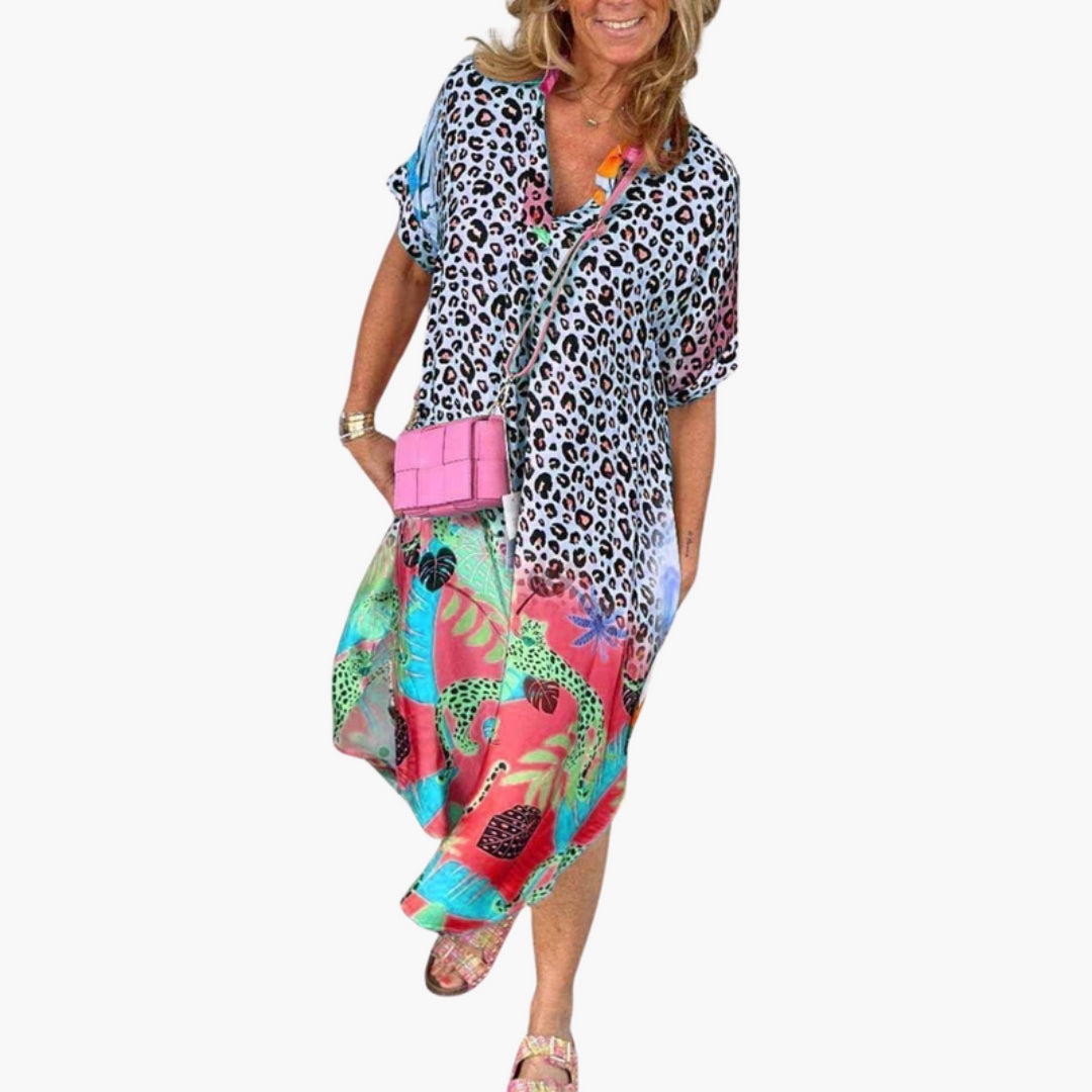 Midi-Kleid für Damen mit V-Ausschnitt und bedruckter Oberfläche