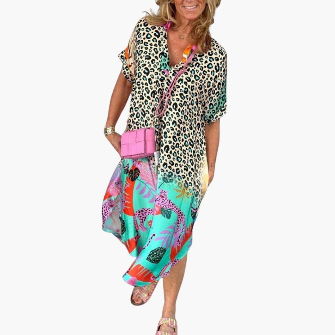 Midi-Kleid für Damen mit V-Ausschnitt und bedruckter Oberfläche