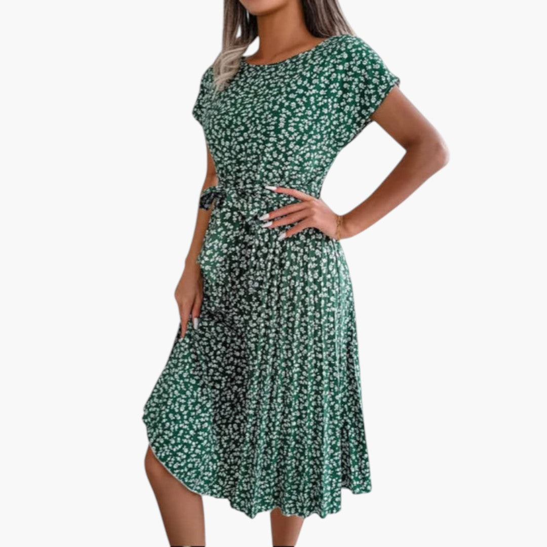 Abito Midi Donna con Maniche Corte e Vita da Annodare