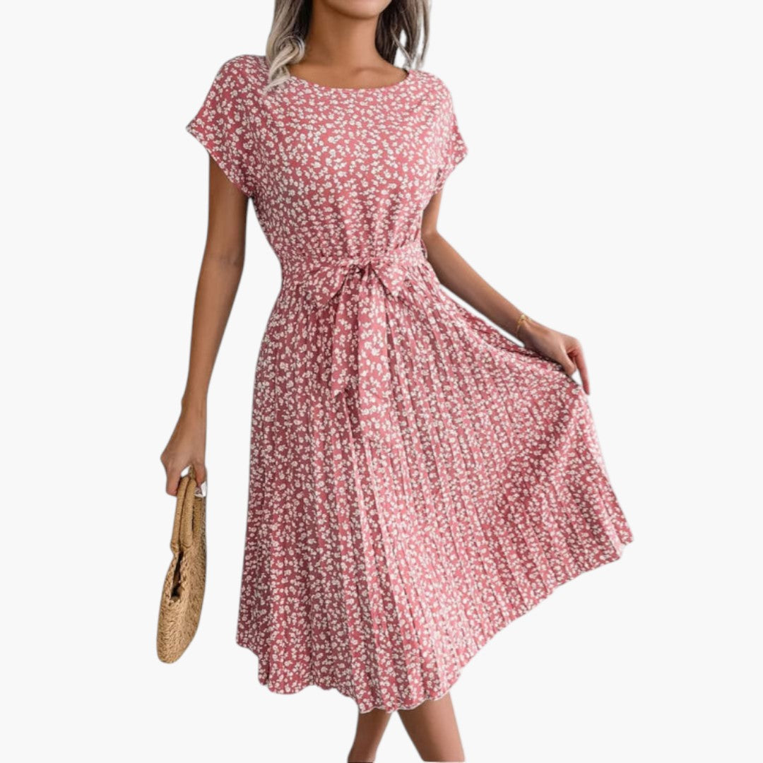 Abito Midi Donna con Maniche Corte e Vita da Annodare
