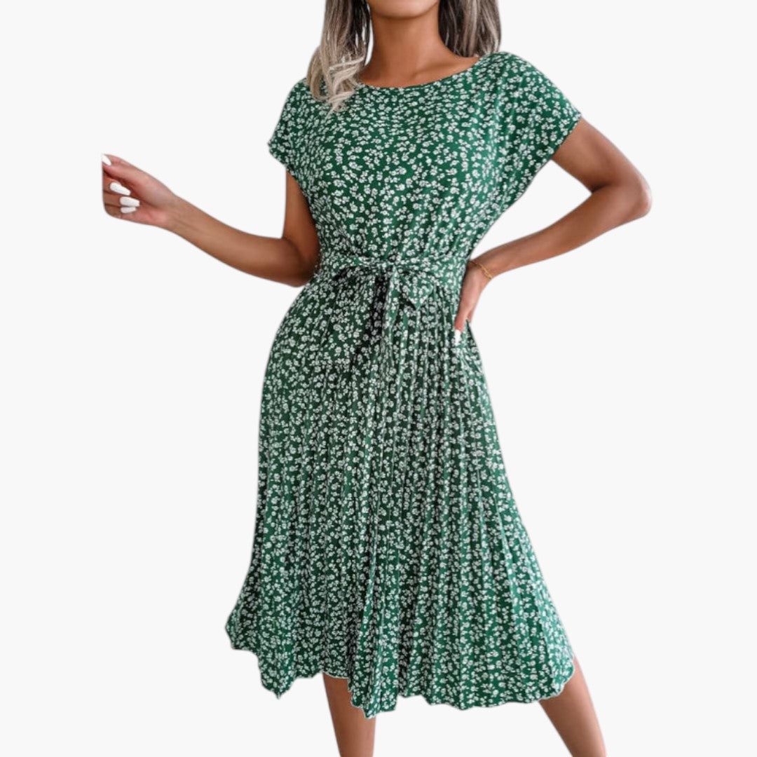 Abito Midi Donna con Maniche Corte e Vita da Annodare