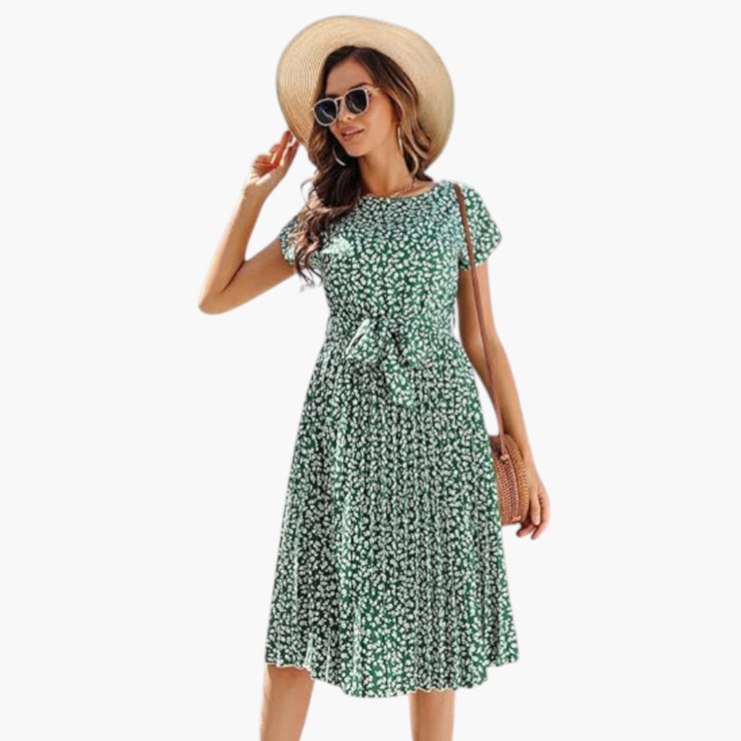 Abito Midi Donna con Maniche Corte e Vita da Annodare