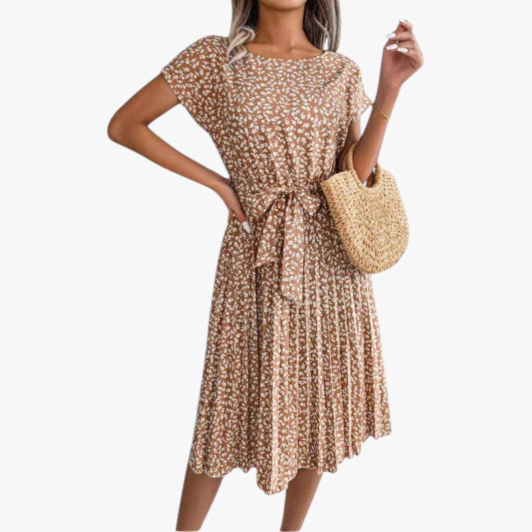 Abito Midi Donna con Maniche Corte e Vita da Annodare