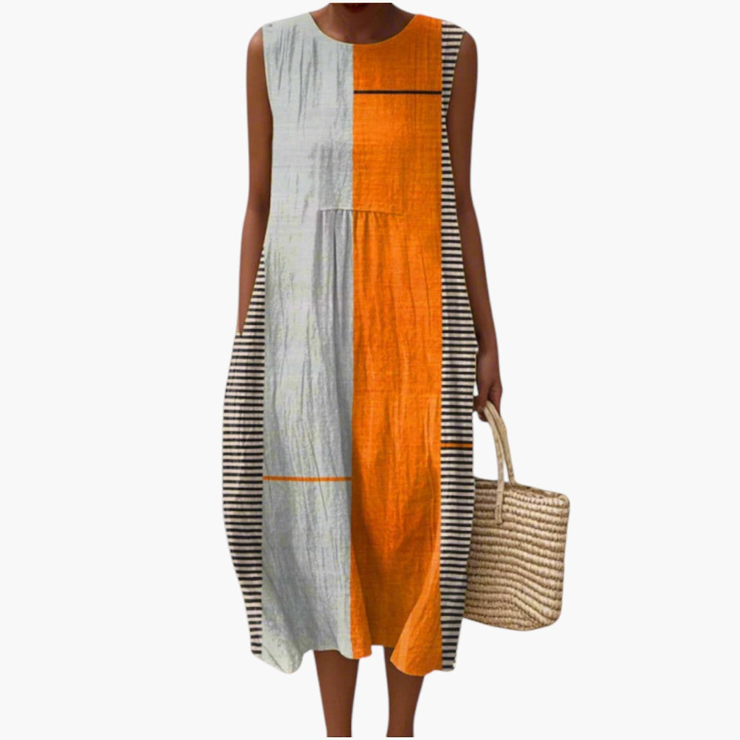 Vestido Midi Mujer sin Mangas con Tejido de Lino Mezclado