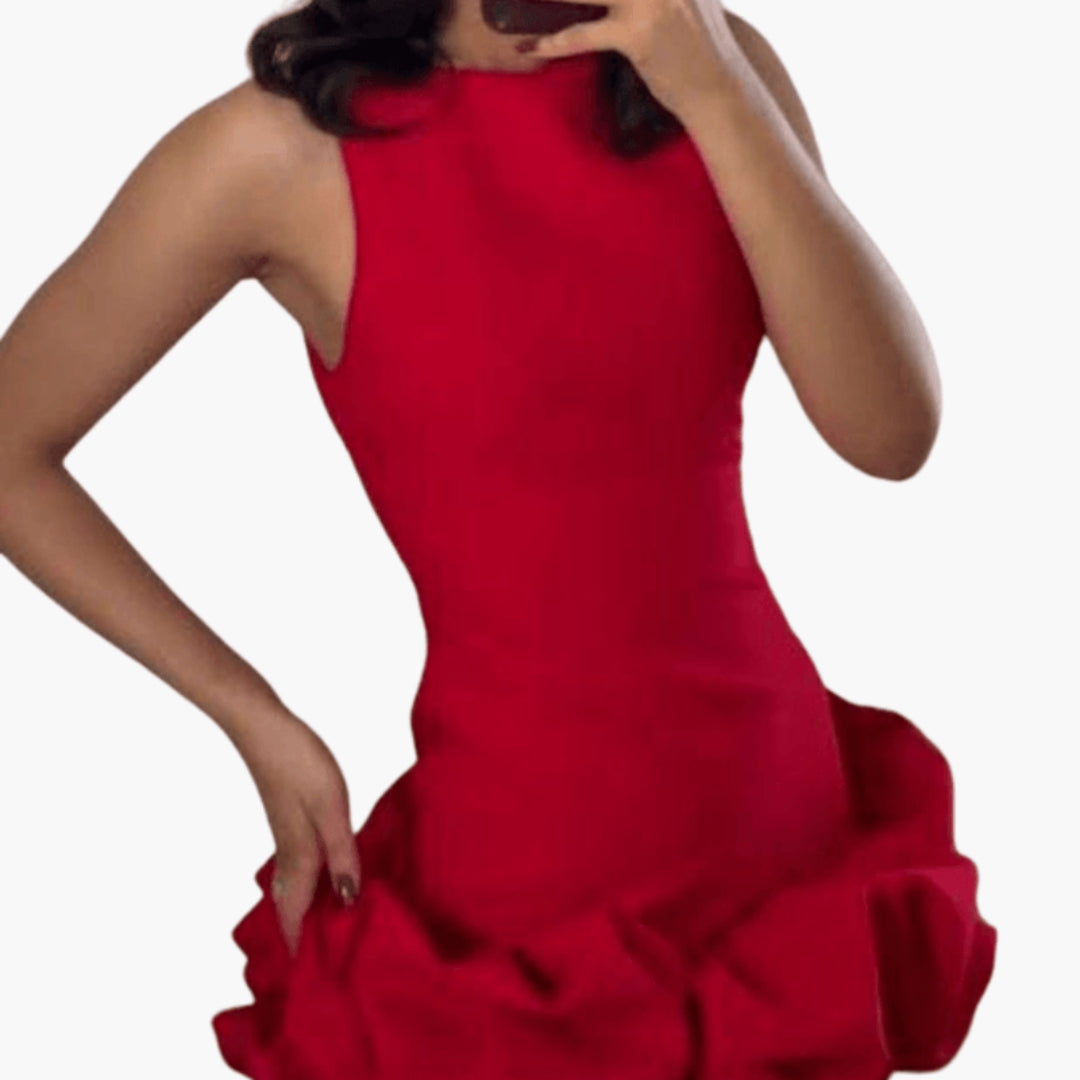 Vestito corto da donna senza maniche con orlo a balze