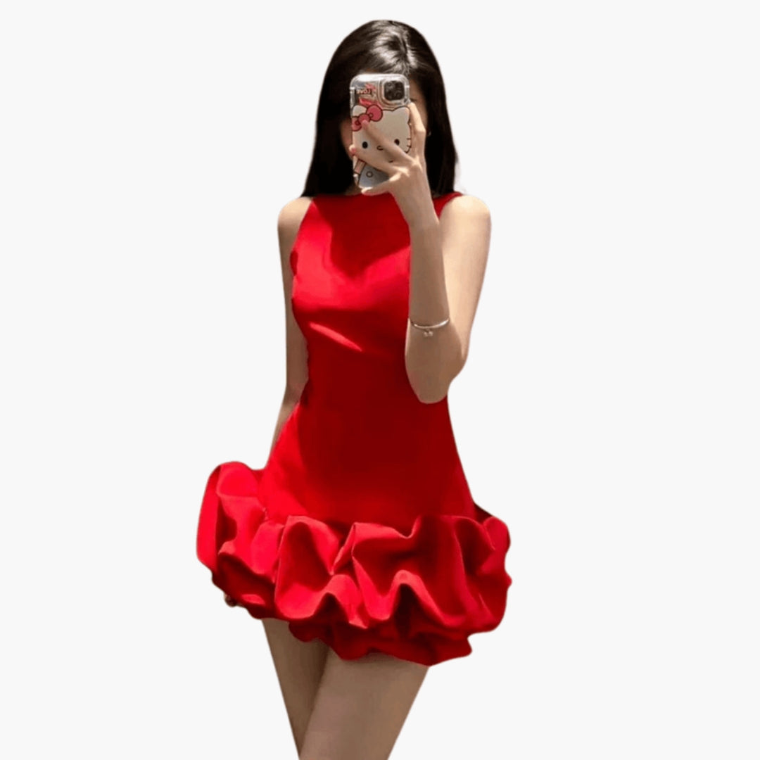 Vestito corto da donna senza maniche con orlo a balze