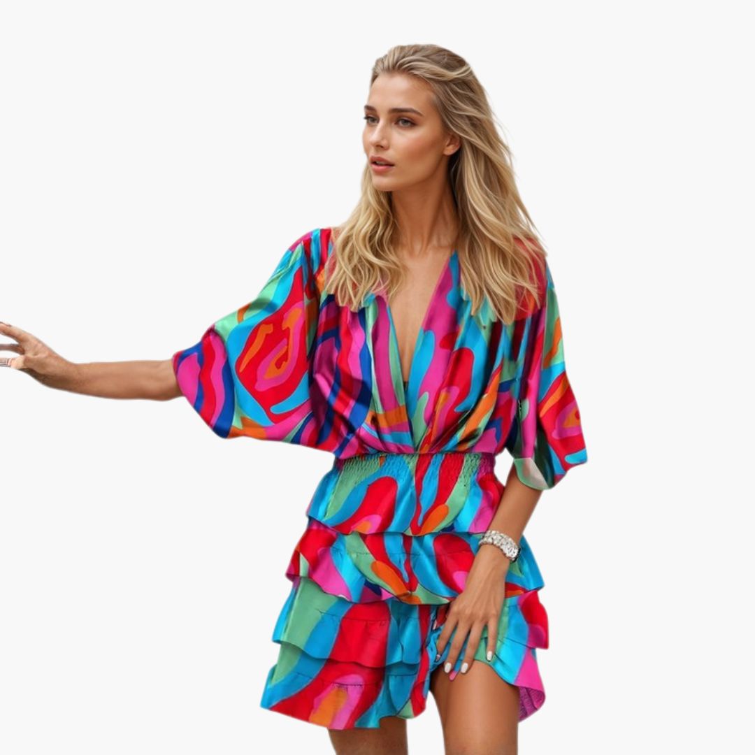 Women's Mini Dress with Shirt Collar and Elastic Waist