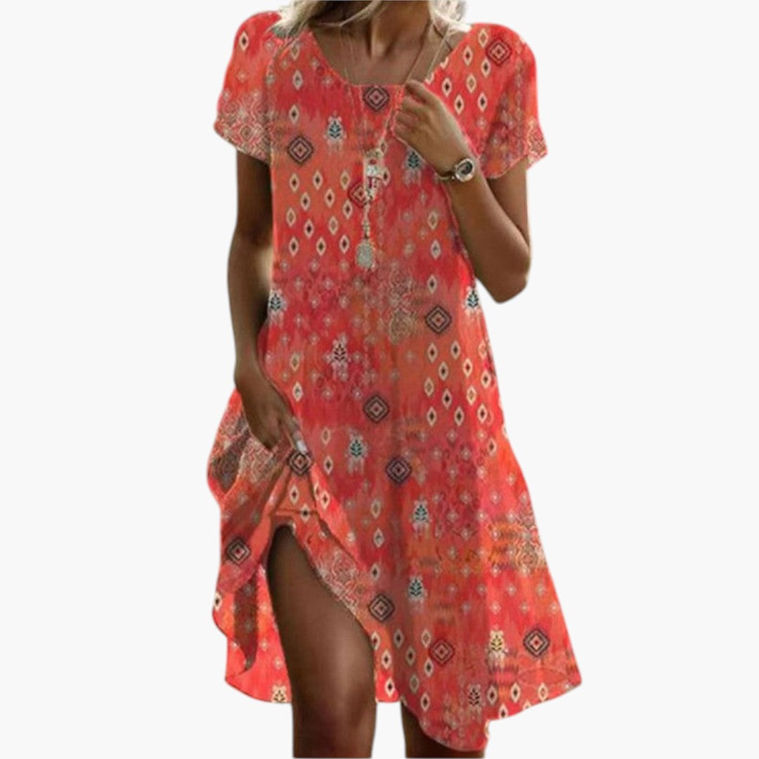 Women's Mini Dress with Short Sleeves and Round Neckline
