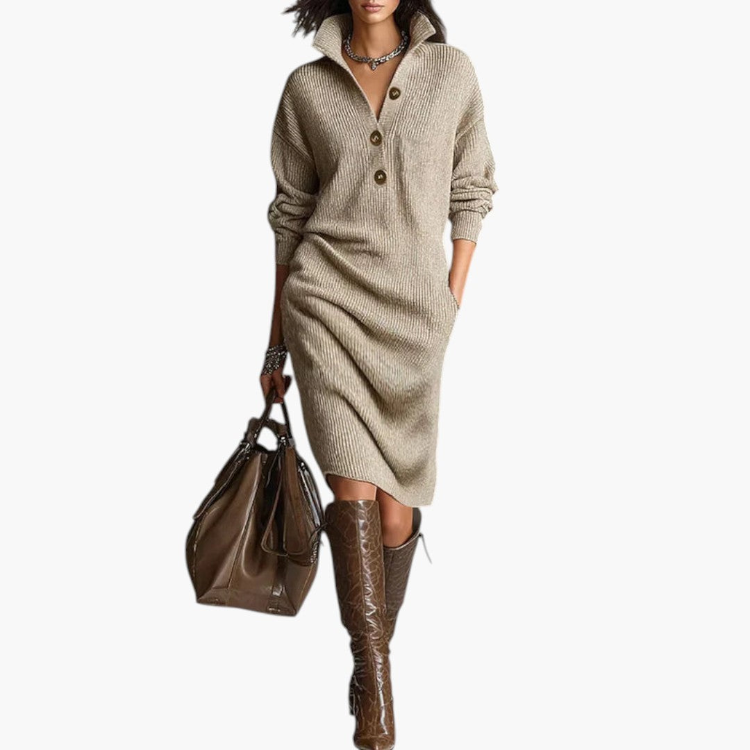 Mini-Pulloverkleid für Damen mit Knopfleiste und Rippstrick