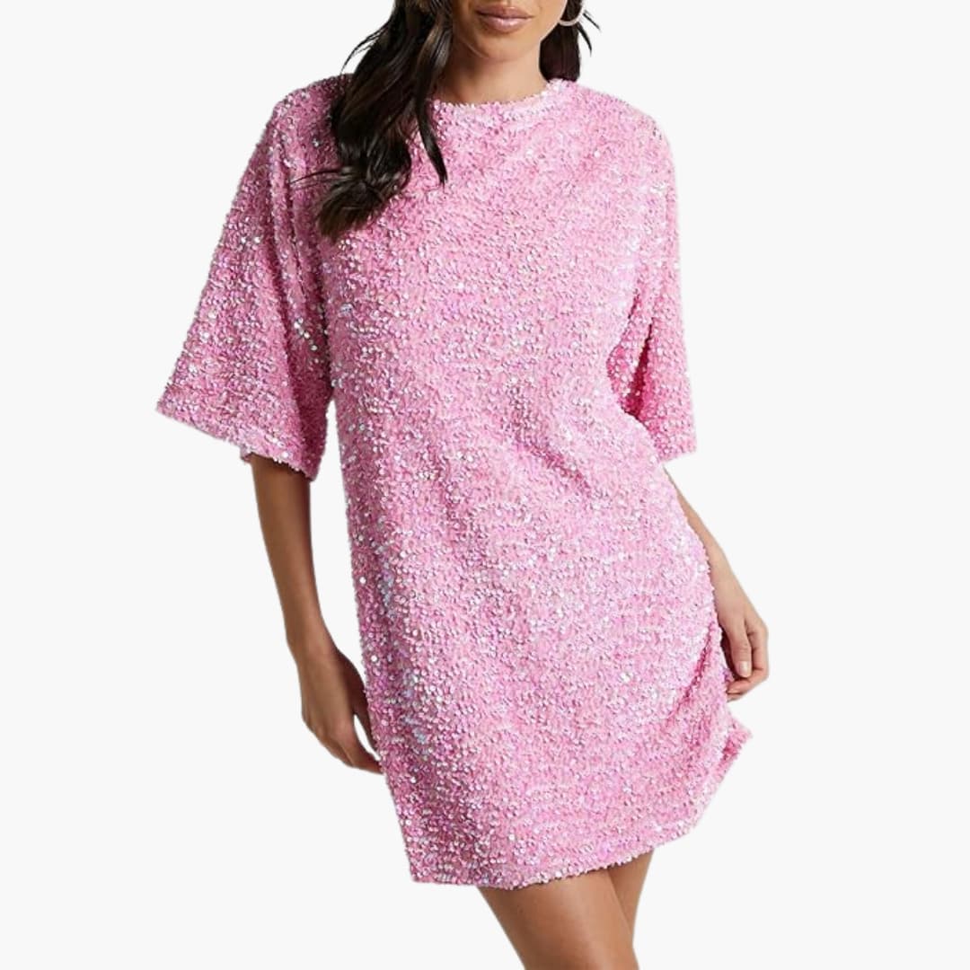 Paillettenrobe für Damen mit Rundhalsausschnitt und ausgestellten Ärmeln