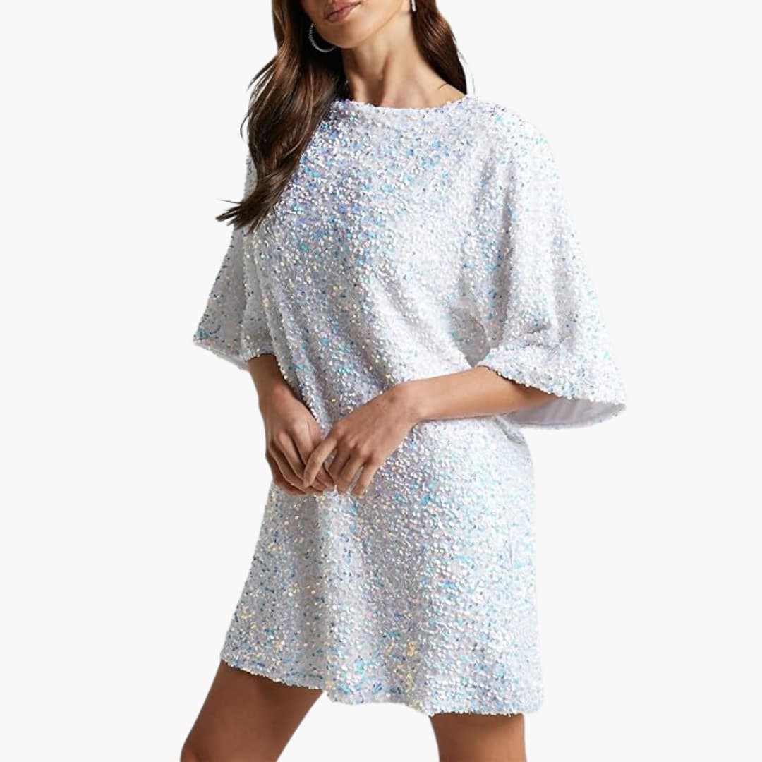 Paillettenrobe für Damen mit Rundhalsausschnitt und ausgestellten Ärmeln