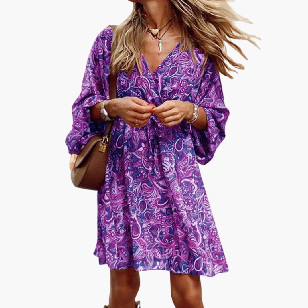 Robe courte femme à col en V avec imprimé vintage