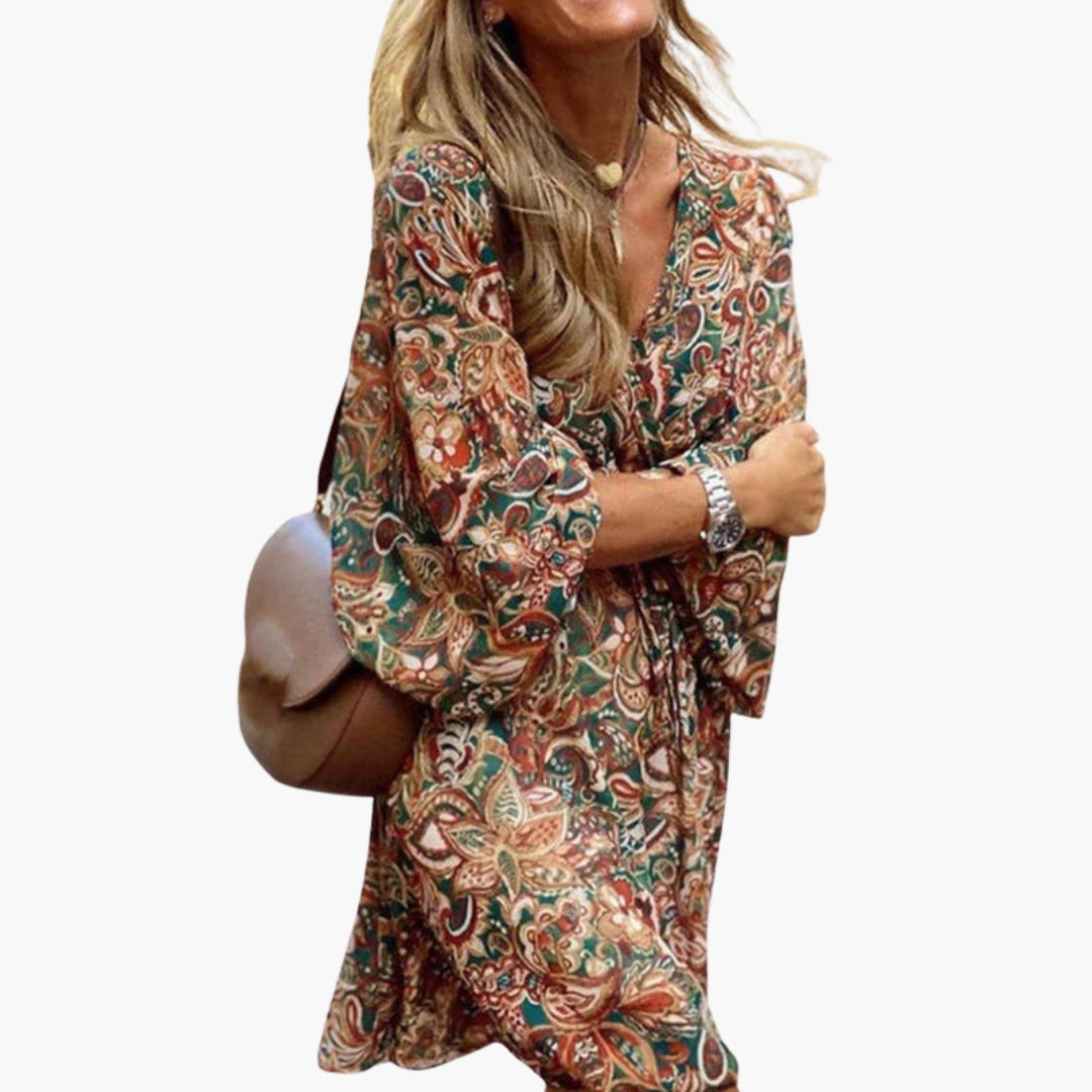 Robe courte femme à col en V avec imprimé vintage