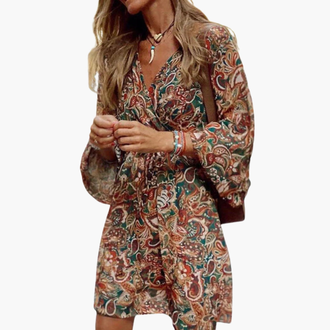Robe courte femme à col en V avec imprimé vintage