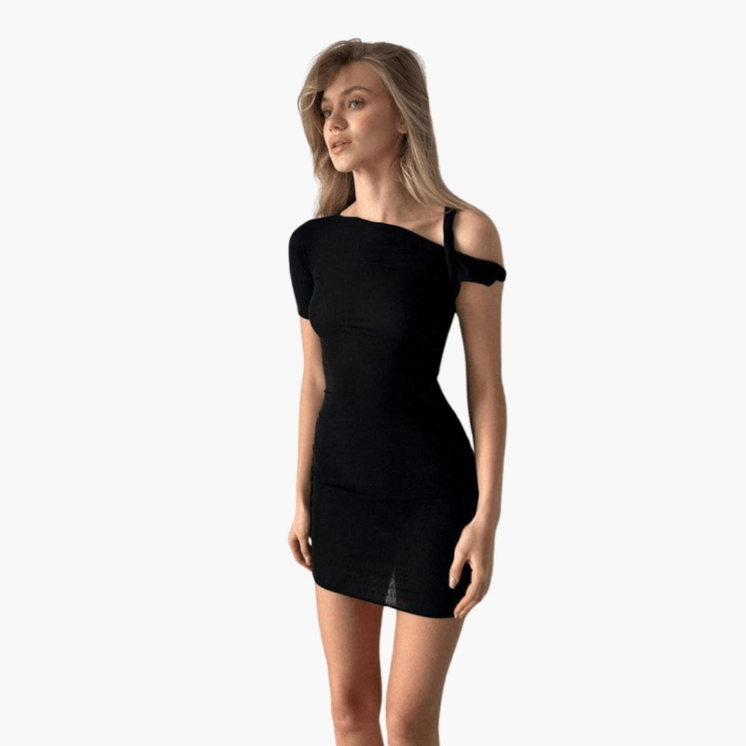 Asymmetrical one-shoulder short dress for women with strap