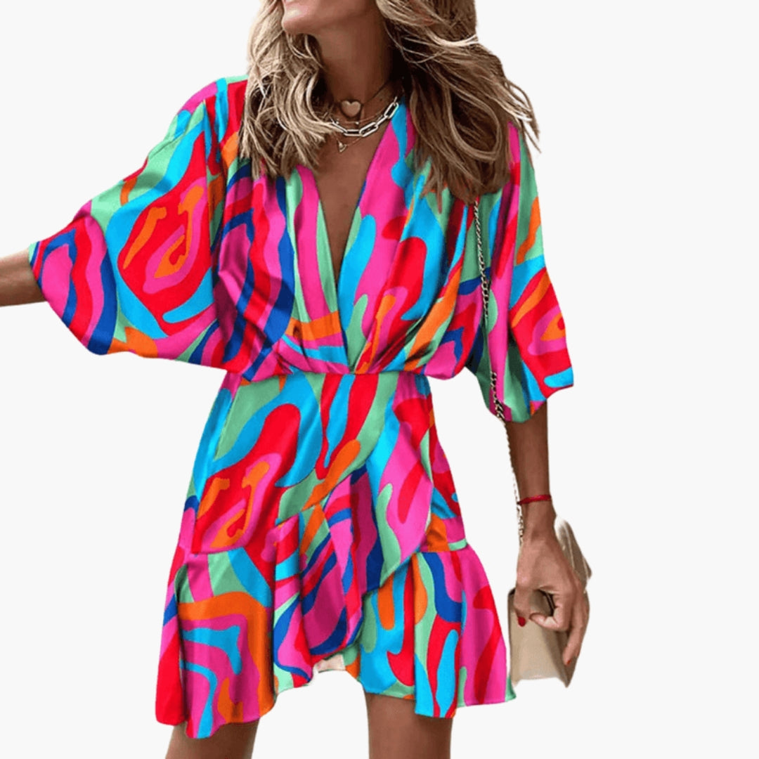Vestito corto donna con scollo a V e maniche a pipistrello