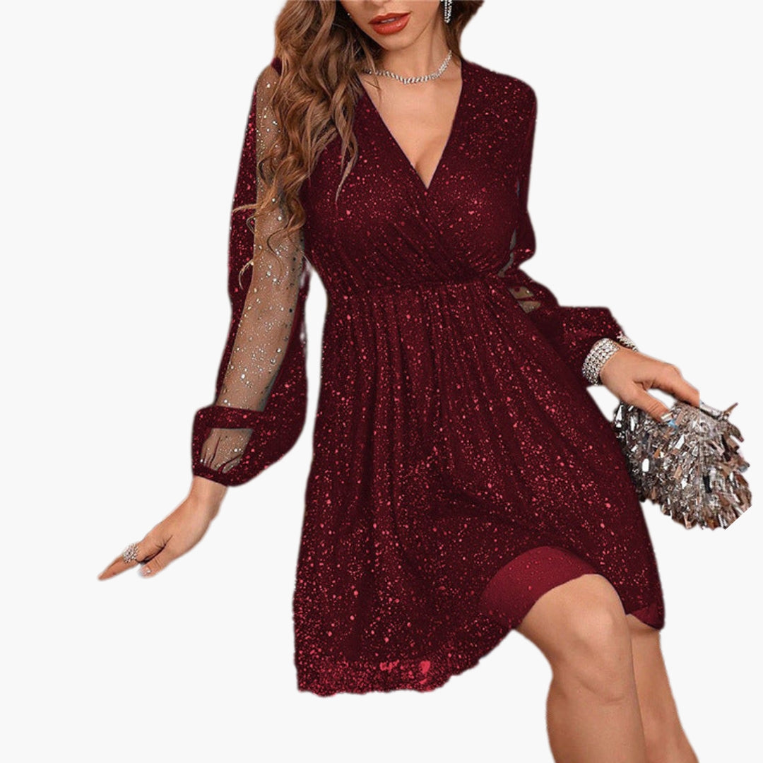 Vestito corto donna con scollo a V e maniche trasparenti