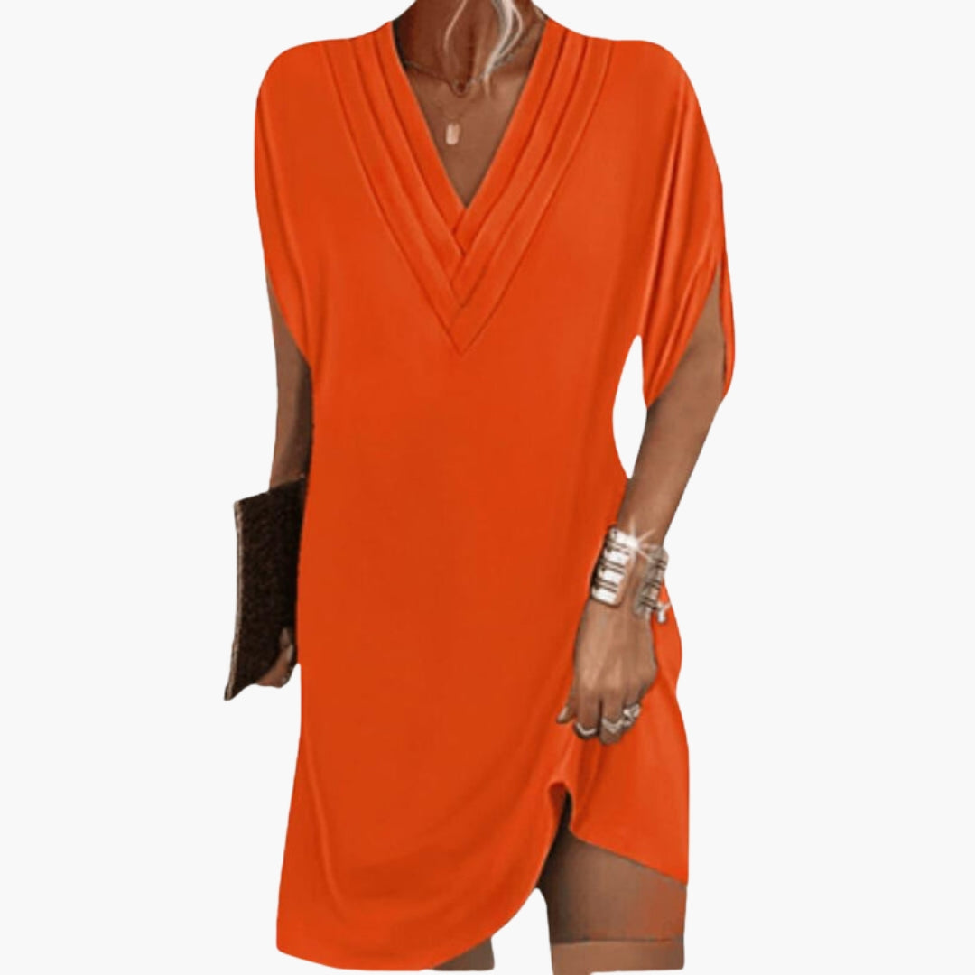 Short women's dress with V-neck and draped hem